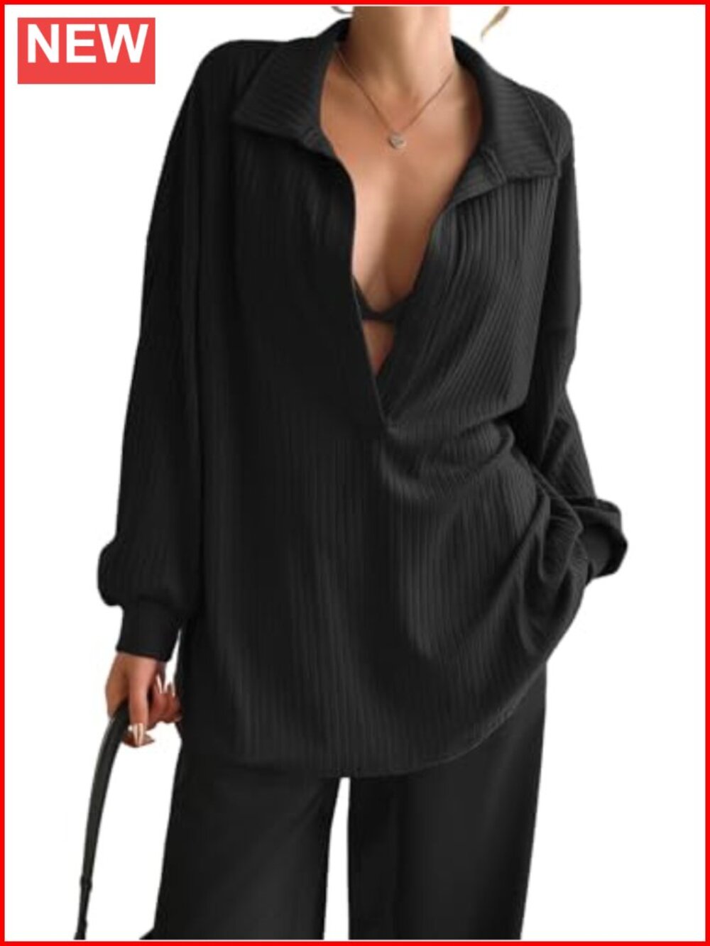 Oversized Deep V Neck Ribbed Knit Sweatshirt Long Sleeve Pullover Top